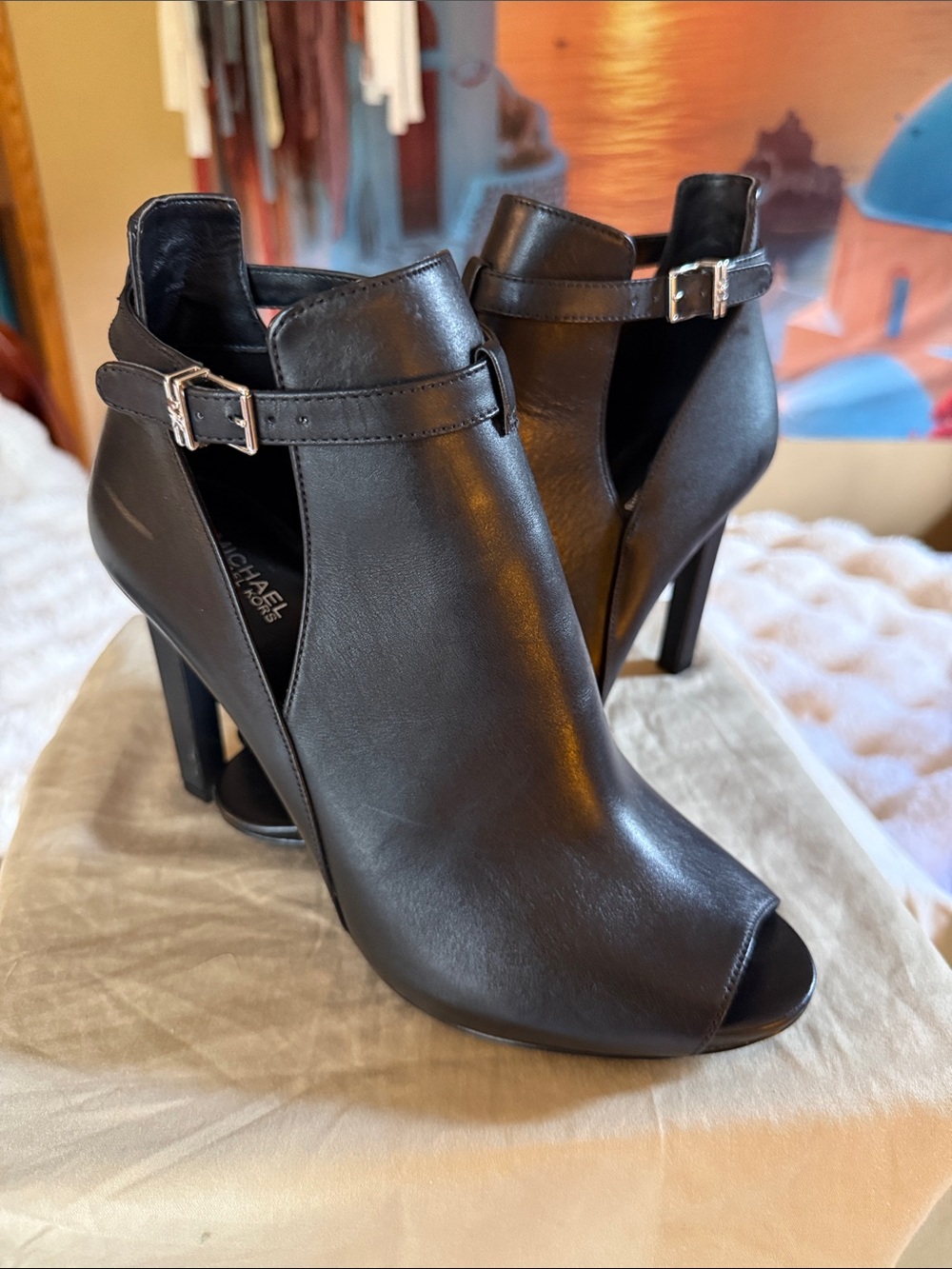Michael Kors Black Leather Peep Toe Ankle Strap Stiletto Heels Size 10 👠🖤